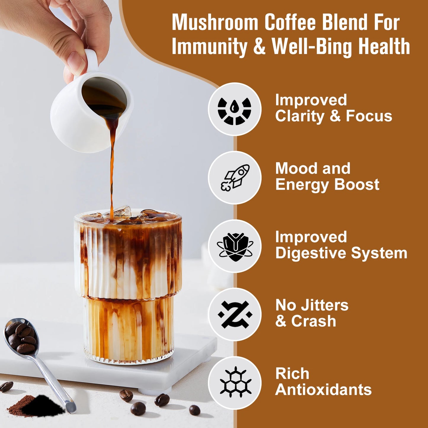 BEWORTHS 10 in1 Mushroom Coffee Supplement Antioxidant Properties Enhances Brain Memory and Cognitive Clarity Promotes Digestion