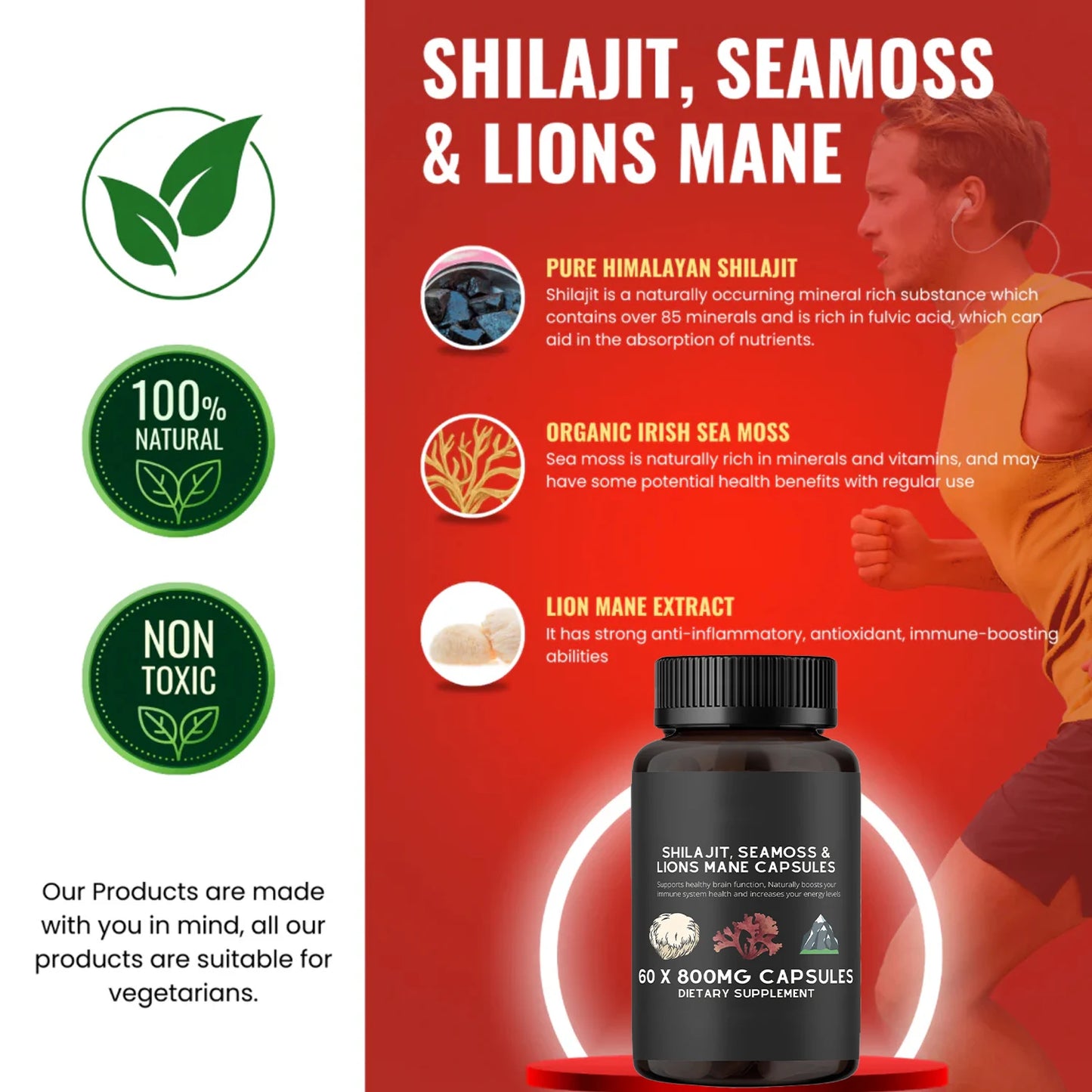 Shilajit, SeaMoss&Lions Mane Capsules - Comprehensive All-in-One Wellness Supplement for Mind, Body, and Vitality - 60 Capsules