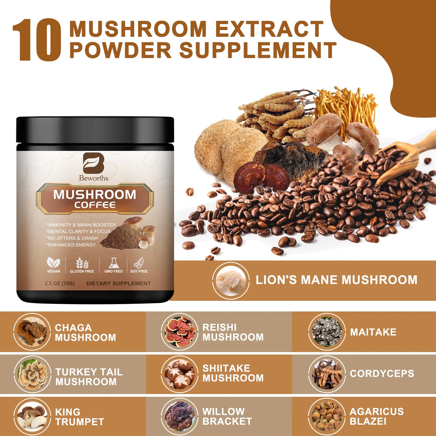 BEWORTHS 10 in1 Mushroom Coffee Supplement Antioxidant Properties Enhances Brain Memory and Cognitive Clarity Promotes Digestion