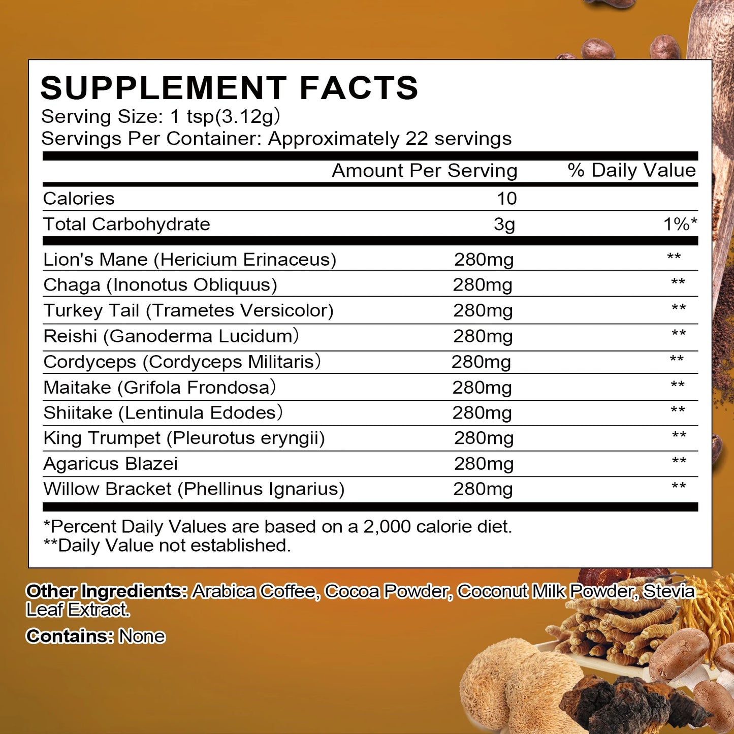 BEWORTHS 10 in1 Mushroom Coffee Supplement Antioxidant Properties Enhances Brain Memory and Cognitive Clarity Promotes Digestion
