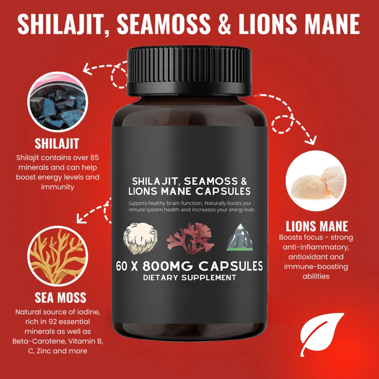 Shilajit, SeaMoss&Lions Mane Capsules - Comprehensive All-in-One Wellness Supplement for Mind, Body, and Vitality - 60 Capsules
