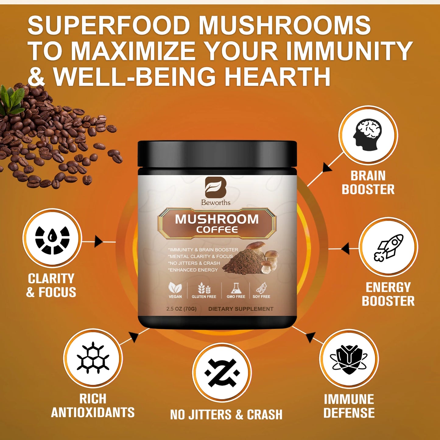 BEWORTHS 10 in1 Mushroom Coffee Supplement Antioxidant Properties Enhances Brain Memory and Cognitive Clarity Promotes Digestion