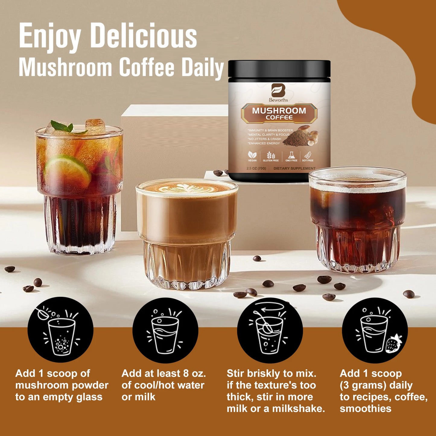 BEWORTHS 10 in1 Mushroom Coffee Supplement Antioxidant Properties Enhances Brain Memory and Cognitive Clarity Promotes Digestion